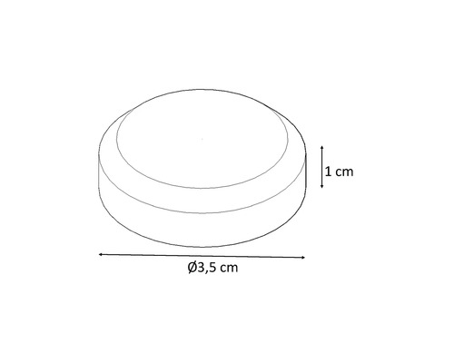 Tekening van een afdekkap met een diameter van 3,5 cm en een hoogte van 1 cm