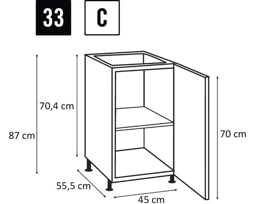 Schets van een spoelonderkast met afmetingen van 87 x 45 x 55,5 cm.