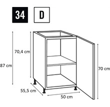 Illustratie van een keukenkast met de afmetingen 87 cm hoogte, 50 cm breedte en 55,5 cm diepte