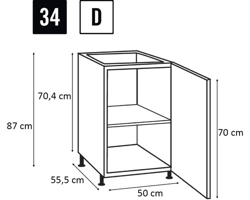 Illustratie van een keukenkast met de afmetingen 87 cm hoogte, 50 cm breedte en 55,5 cm diepte