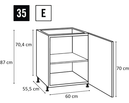 Schets van een keukenkast met afmetingen
