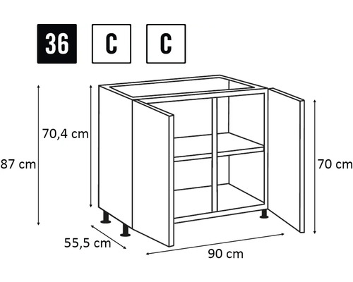 Afbeelding van een onderkast met afmetingen van 90 bij 87 bij 55,5 centimeter.