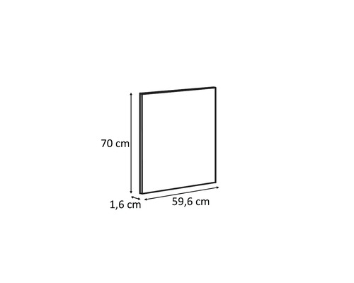 Tekening van een kastelement met de afmetingen 70 cm hoogte, 59,6 cm breedte en 1,6 cm diepte