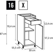 Schets van een onderkast met lade, deur, legplank en afmetingen