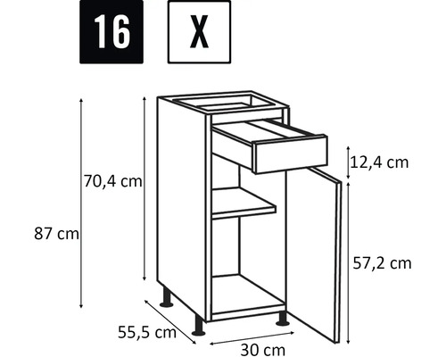 Schets van een onderkast met lade, deur, legplank en afmetingen