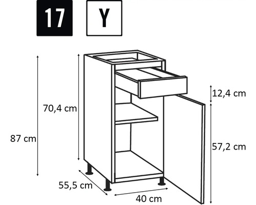 Technische tekening van een onderkast met lade en deur, inclusief afmetingen