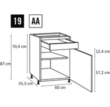 Technische tekening van een keukenkast met lade en deur, inclusief maatvoering