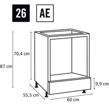 Tekening van een keukenkast met afmetingen