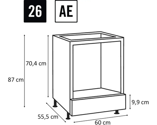 Tekening van een keukenkast met afmetingen