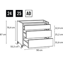 Technische tekening van een onderkast met drie laden en afmetingen.