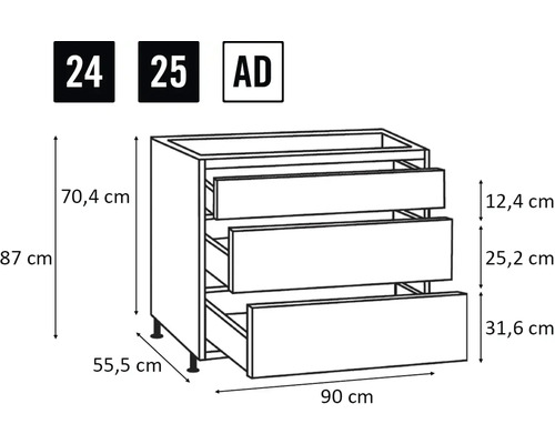 Technische tekening van een onderkast met drie laden en afmetingen.