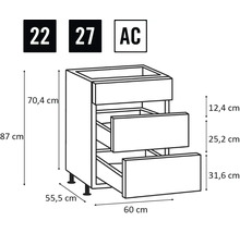 Kast met drie laden, afmetingen 60 x 55,5 x 87 cm