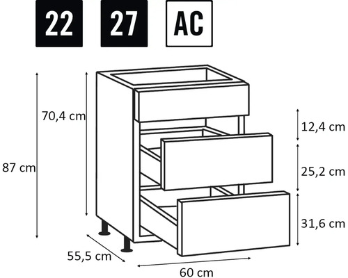 Kast met drie laden, afmetingen 60 x 55,5 x 87 cm