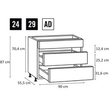 Schets van een keukenkast met laden en afmetingen