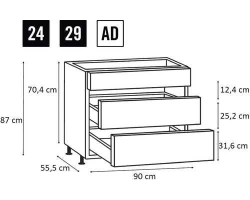 Schets van een keukenkast met laden en afmetingen
