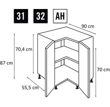 Technische tekening hoekonderkast met afmetingen