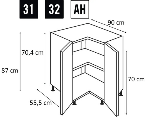 Technische tekening hoekonderkast met afmetingen
