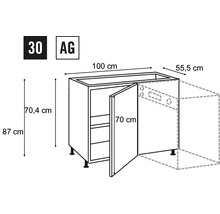 Technische tekening van een keukenkast met afmetingen.