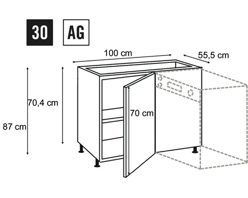 Technische tekening van een keukenkast met afmetingen.