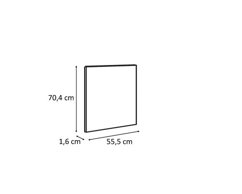 Afbeelding van een vierkante spiegel met afmetingen van 70,4 cm hoog, 55,5 cm breed en 1,6 cm diep.