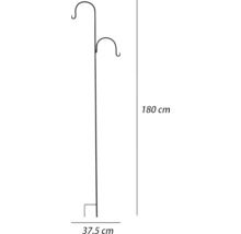 Metalen plantenstandaard met twee haken en afmetingen: 180 cm hoog, 37,5 cm breed.