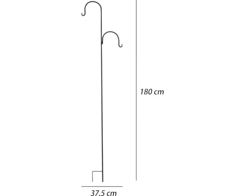 Metalen plantenstandaard met twee haken en afmetingen: 180 cm hoog, 37,5 cm breed.