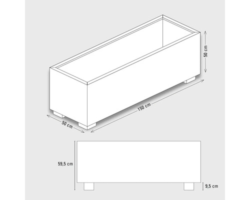 Technische tekening van een plantenbak met de afmetingen 150 x 50 x 59,5 cm