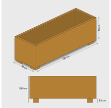Afbeelding van een plantenbak met de afmetingen 150 bij 50 bij 50 centimeter en een extra opstand.