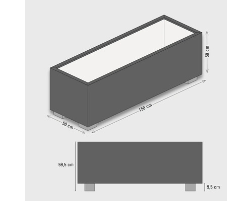 Illustratie van een grijze plantenbak met de afmetingen 150 bij 50 bij 59,5 centimeter