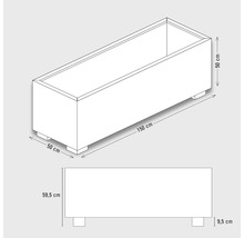 Technische tekening van een plantenbak met de afmetingen 150 x 50 x 59,5 cm