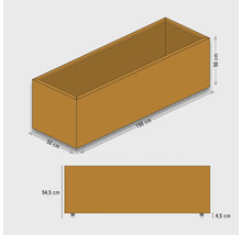 Afbeelding van een plantenbak met maatvoering: 50 cm breedte, 150 cm lengte en 50 cm hoogte.
