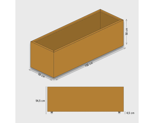 Afbeelding van een plantenbak met maatvoering: 50 cm breedte, 150 cm lengte en 50 cm hoogte.