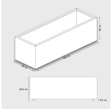 Tekening van een bloembak met afmetingen van 150 bij 50 bij 50 cm