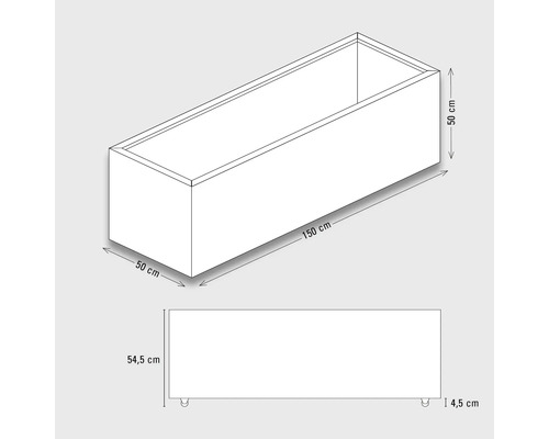 Tekening van een bloembak met afmetingen van 150 bij 50 bij 50 cm
