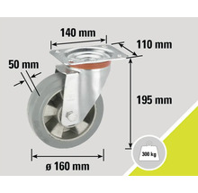 Zwenkwiel met afmetingen 140 mm bij 110 mm, wieldiameter 160 mm, wielbreedte 50 mm, hoogte 195 mm, draagvermogen 300 kg