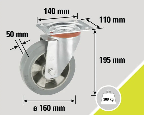 Zwenkwiel met afmetingen 140 mm bij 110 mm, wieldiameter 160 mm, wielbreedte 50 mm, hoogte 195 mm, draagvermogen 300 kg