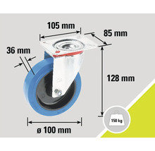 Afbeelding van een zwenkwiel met de afmetingen 105 mm, 85 mm, 36 mm, 128 mm en 100 mm diameter, draagvermogen 150 kg