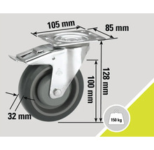 Zwenkwiel met vergrendeling en afmetingen 100 x 32 millimeter, draagvermogen 150 kilogram
