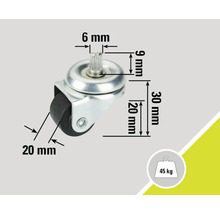 Meubelrol met stift, afmetingen en belastbaarheid tot 45 kg
