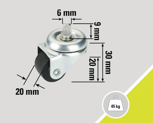 Meubelrol met stift, afmetingen en belastbaarheid tot 45 kg