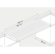 Afbeelding van een brug van 109 centimeter en 201 centimeter, geplaatst tussen twee containers van 50 centimeter.