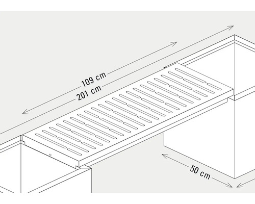 Afbeelding van een brug van 109 centimeter en 201 centimeter, geplaatst tussen twee containers van 50 centimeter.