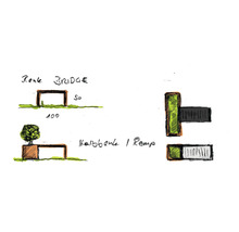 Schets van een houten brug met afmetingen van 50 bij 100 centimeter, een hellingbaan en een houten bank met boom