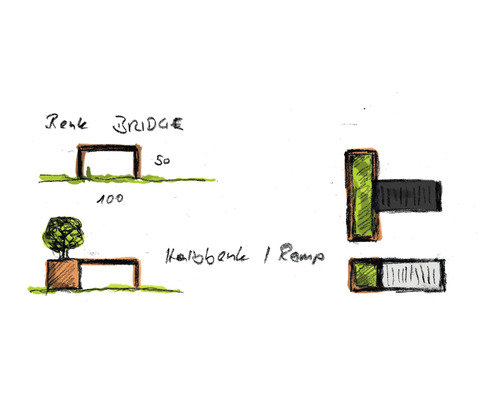 Schets van een houten brug met afmetingen van 50 bij 100 centimeter, een hellingbaan en een houten bank met boom