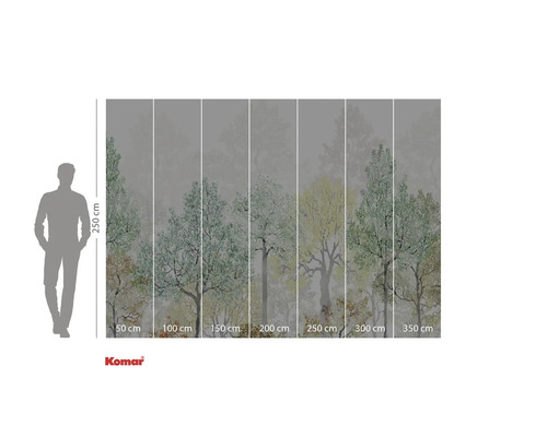 Fotobehang met bosmotief en maataanduidingen.