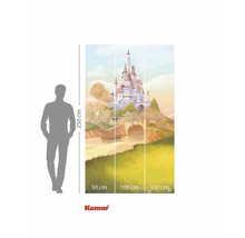 Fotobehang met kasteelscène en maataanduidingen.