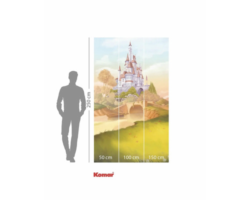 Fotobehang met kasteelscène en maataanduidingen.