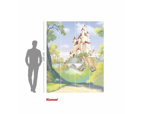 Fotobehang met kasteelmotief en afmetingen.