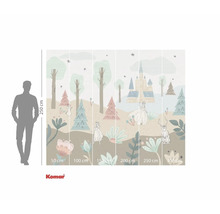 Fotobehang met een ontwerp uit de film Frozen, met bomen, bloemen, figuren en een kasteel