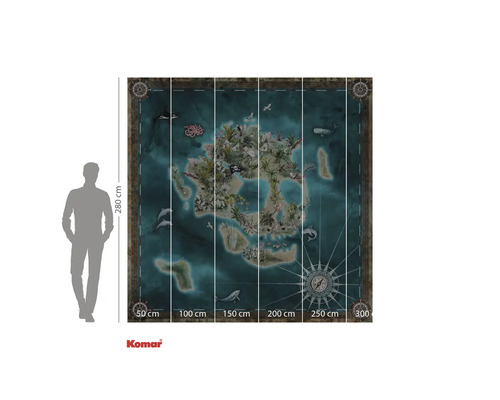 Komar wanddecoratie met een eilandkaart met dieren en planten, afmeting 300 bij 280 centimeter